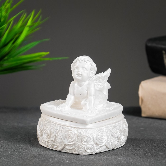 Шкатулка с крышкой Шкатулка с крышкой "Сердце с ангелом" перламутровый, 9х8см