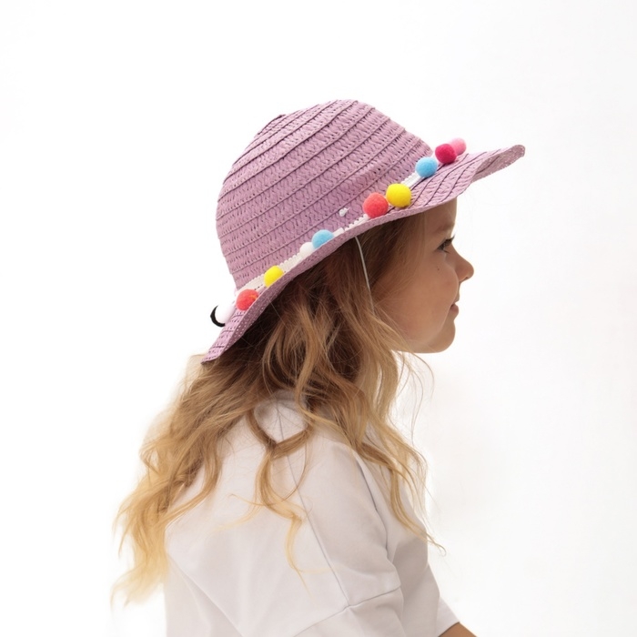 Шляпа с бомбошками для девочки MINAKU, цвет фиолетовый, размер 50 Шляпа с бомбошками для девочки MINAKU, цвет фиолетовый, размер 50