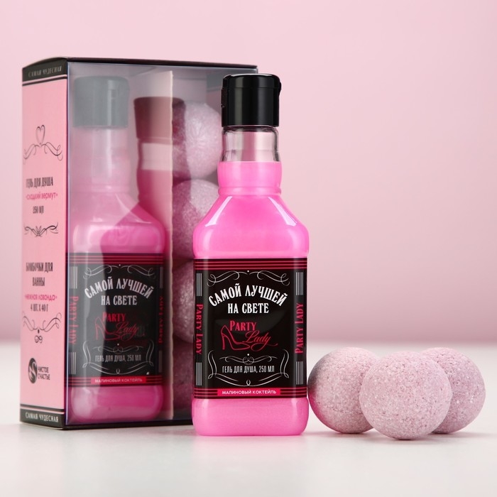 Новогодний подарочный набор косметики Party Lady, гель для душа во флаконе виски 250 мл и бомбочки для ванны 4 х 40 г, Новый Год Новогодний подарочный набор косметики Party Lady, гель для душа во флаконе виски 250 мл и бомбочки для ванны 4 х 40 г, Новый Год
