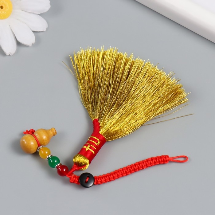 Подвеска текстиль Подвеска текстиль "Золотая метла с тыквой горлянкой. Иероглиф - Счастье" 14,5 см