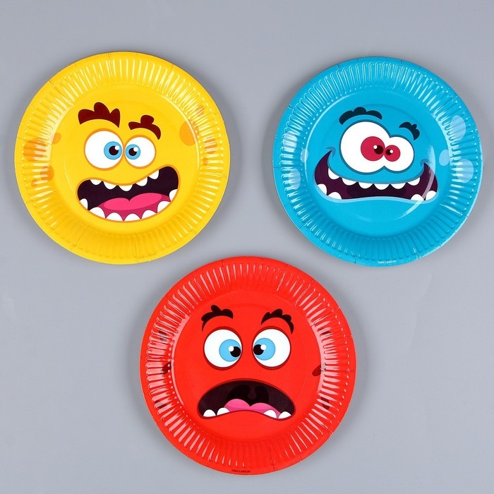 Тарелка одноразовая бумажная Тарелка одноразовая бумажная "Монстрики",микс, 18 см, набор 6 штук