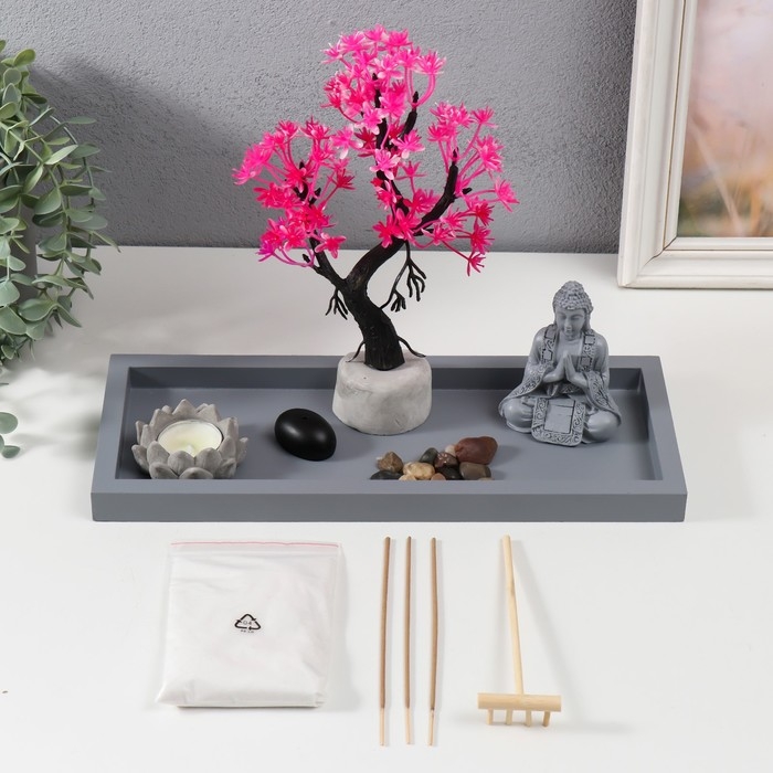 Сад Дзен  Сад Дзен "Будда медитирует у сакуры" песок+камни+аромапалочка+свеча32х13х22 см