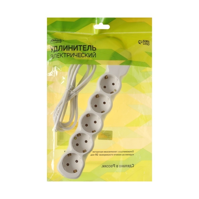 Удлинитель Luazon Lighting ECO,5 розеток,2 м,10 А,2200 Вт,ПВС 3х0.75мм2, с з/к белый Удлинитель Luazon Lighting ECO,5 розеток,2 м,10 А,2200 Вт,ПВС 3х0.75мм2, с з/к белый