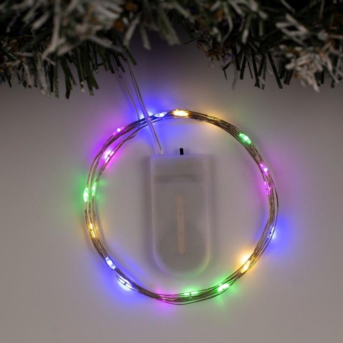 Гирлянда «Нить» 2 м роса, IP20, серебристая нить, 20 LED, батарейки CR2032х2 (в комплекте), свечение мульти Гирлянда «Нить» 2 м роса, IP20, серебристая нить, 20 LED, батарейки CR2032х2 (в комплекте), свечение мульти