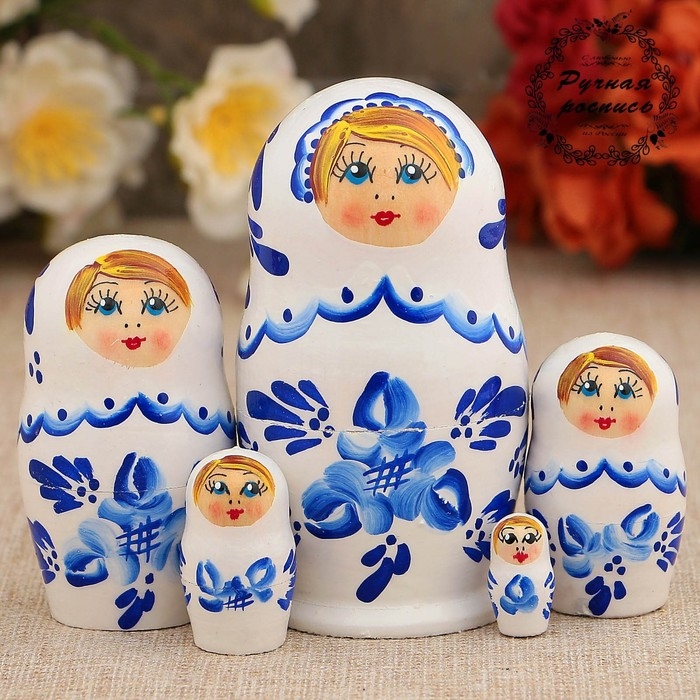 Матрёшка «Гжель», белое платье, 5 кукольная, 10 см Матрёшка «Гжель», белое платье, 5 кукольная, 10 см