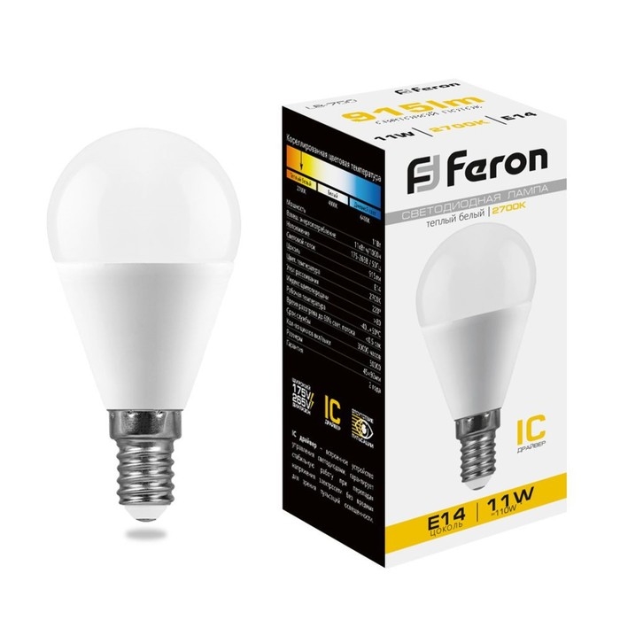 Лампа светодиодная FERON, G45, 11 Вт, Е14, 2700 К, теплый белый Лампа светодиодная FERON, G45, 11 Вт, Е14, 2700 К, теплый белый