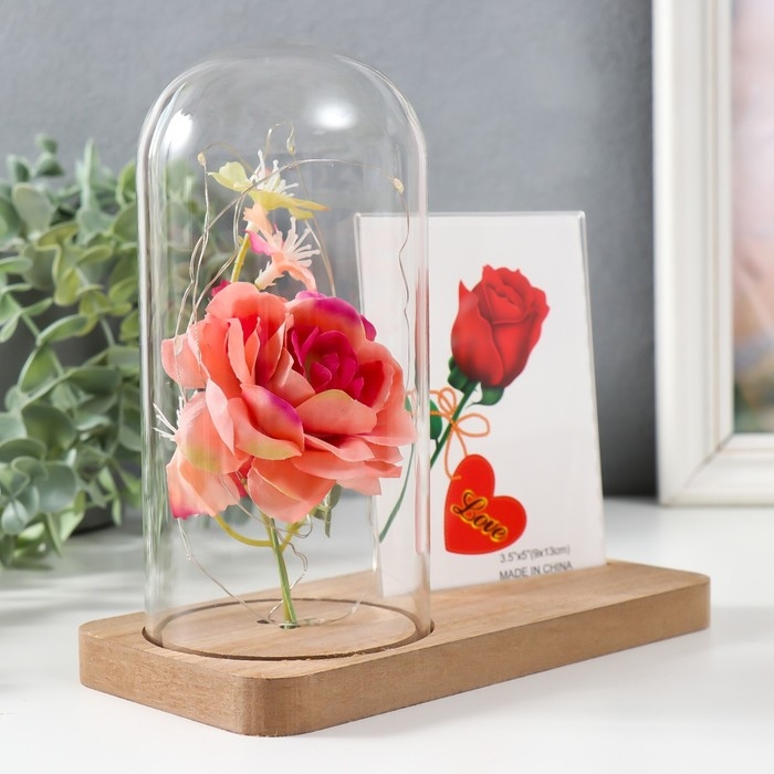 Фоторамка 9х13 см свет  Фоторамка 9х13 см свет "Розовая роза в колбе" от батареек 2хLR1130 9,8х19,5х18 см