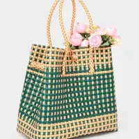 Сумка плетёная, 40&times;20&times;55 см, пластик, зелёно-бежевая