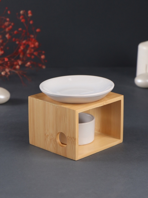 Аромалампа бамбук, керамика с подставкой под свечу "Строгие линии" белая 9,8х9,8х8 см