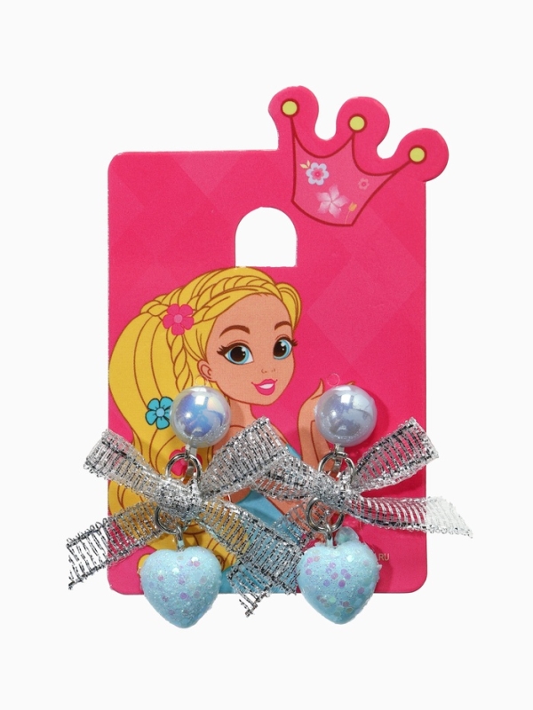 Серьги-клипсы детские  Серьги-клипсы детские "Выбражулька" сердце с бантом и кругом кристалл, цвет голубо-серебристый