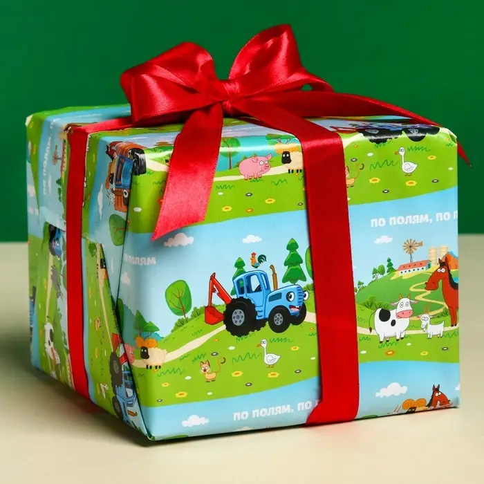 Бумага упаковочная глянцевая, «По полям», Синий трактор, 70х100 см