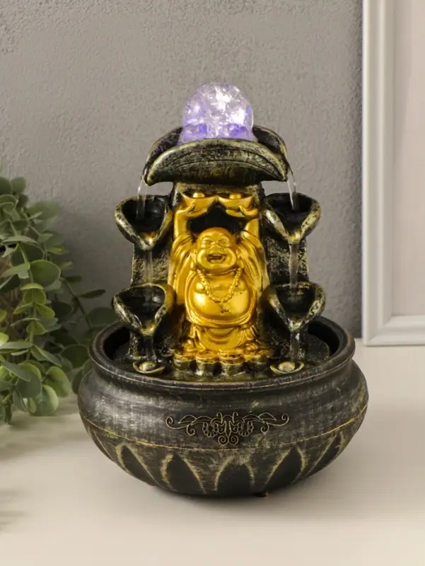 Фонтан настольный от сети, подсветка "Хотей с двумя слитками золота" 16х16х20 см