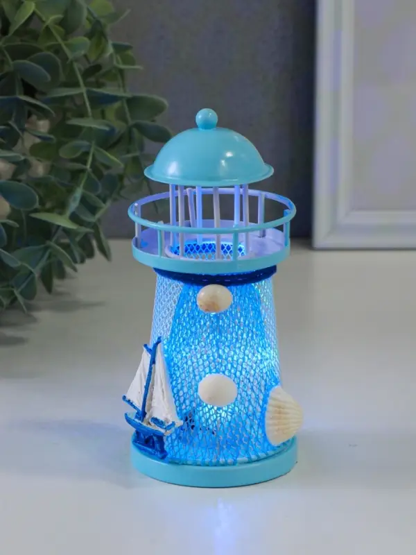 Сувенир настольный Сувенир настольный "Маяк с корабликом" сетка, голубой, 3хLR1130, RGB, LED 7,5х7,5х18 см