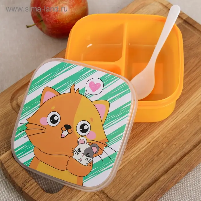 Ланч - бокс квадратный с секциями и ложкой «Кот», 400 мл