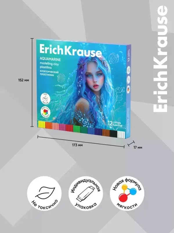Пластилин 12 цветов ErichKrause Aquamarine, со стеком