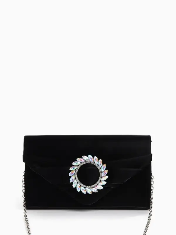 Сумка-клатч женская вечерняя на магните, на цепочке, с декоративной пряжкой, чёрная