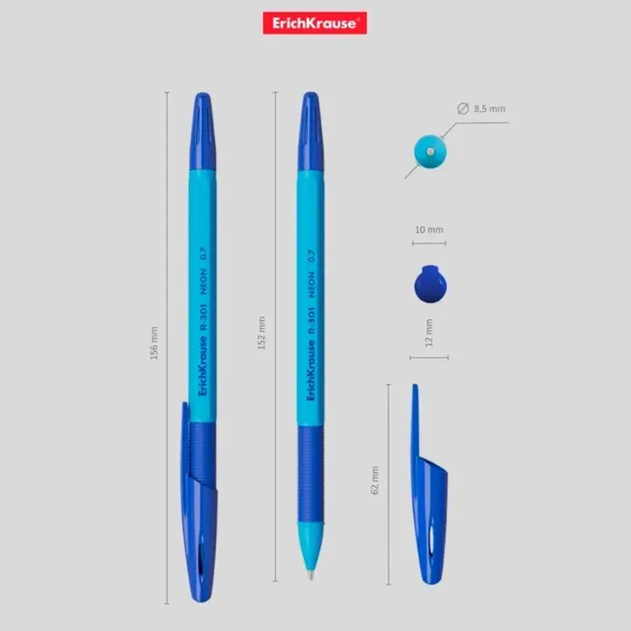 Ручка шариковая ErichKrause R-301 Neon Stick & Grip, узел 0,7-1.0 мм, чернила синие, резиновый держатель, длина линии письма 2000 метров, МИКС