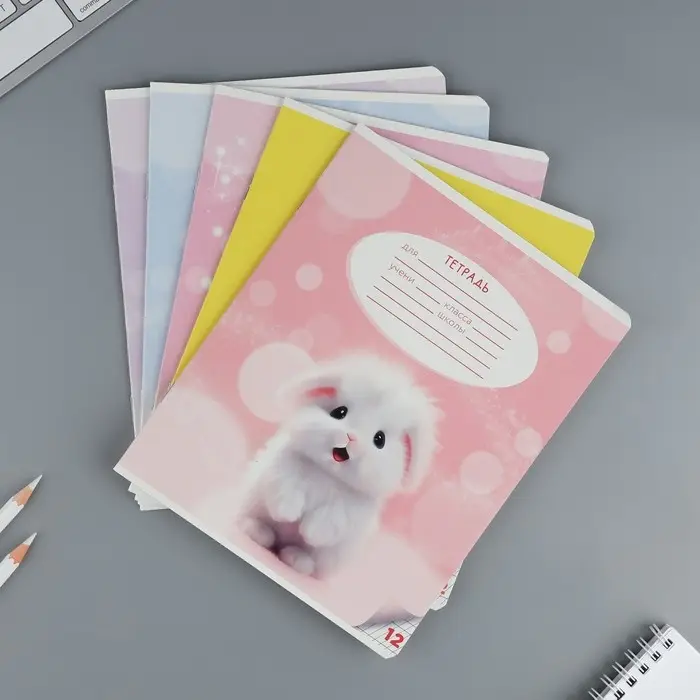 Тетрадь 12 листов в частую косую линейку, А5, на скрепке, блок №1 &laquo;Пушистые питомцы&raquo; МИКС