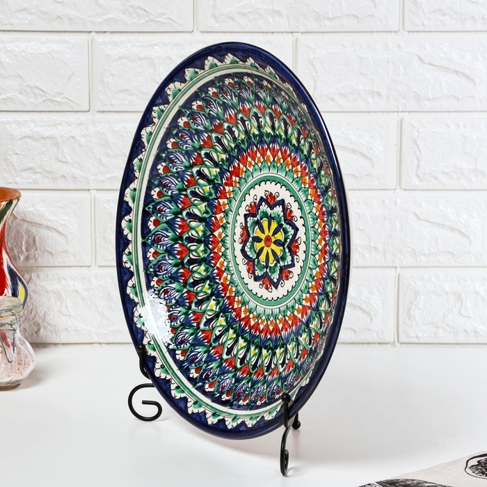 Ляган узбекский Риштанская керамика  Ляган узбекский Риштанская керамика "Узоры" для плова, 33 см, глубокий, синий