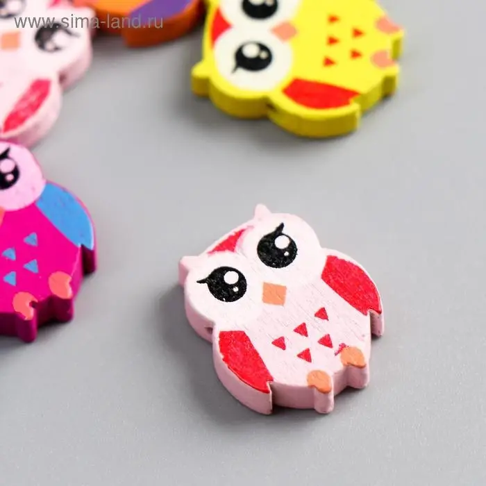 Бусины для творчества дерево  Бусины для творчества дерево "Яркие совы" набор 15 шт 2,1х1,8х0,5 см