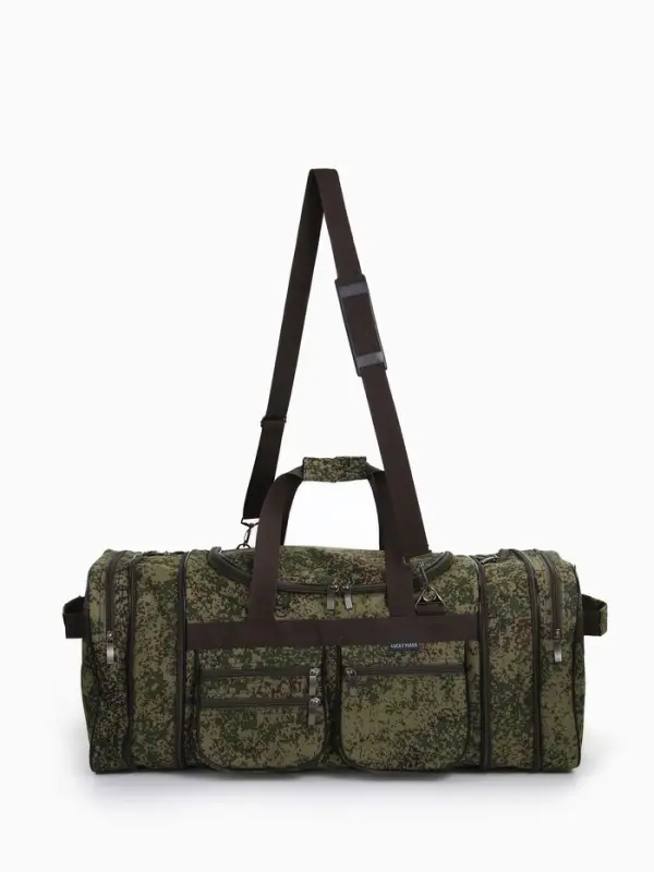 Сумка дорожная на молнии, с увеличением, 5 наружных карманов, длинный ремень, камуфляж, зелёная