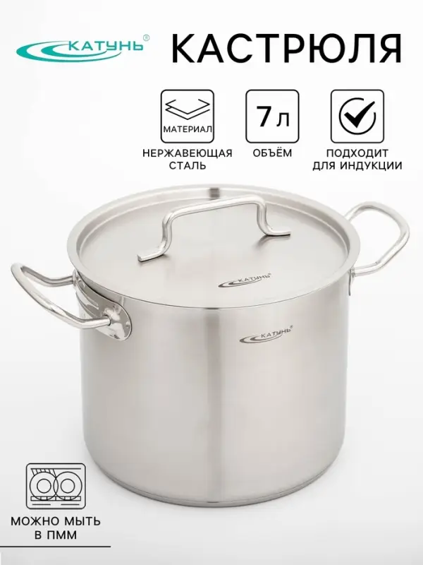 Кастрюля Катунь &laquo;Общепит&raquo;, 7 л, d=22 см, с крышкой, капсульное дно, индукция, нержавеющая сталь, хромированная