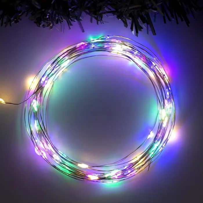 Гирлянда &laquo;Нить&raquo; 5 м, роса, IP20, серебристая нить, 100 LED, 2 режима, от батареек AAх3, свечение мульти