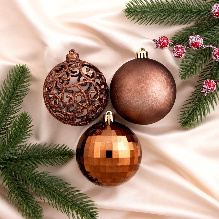 Набор шаров пластик d-8 см, 6 шт Набор шаров пластик d-8 см, 6 шт "Ажурный перелив" коричневый