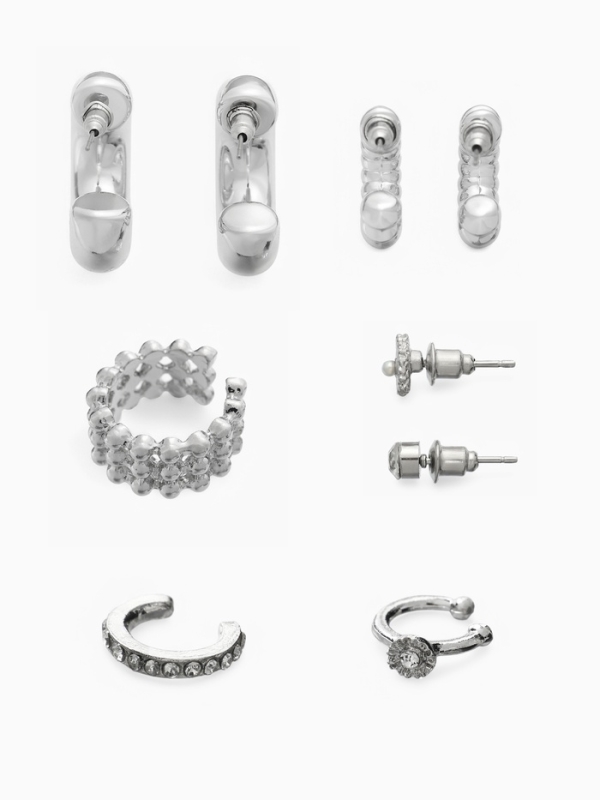 Серьги и каффы «Бублик», набор 9 шт. цвет серебро