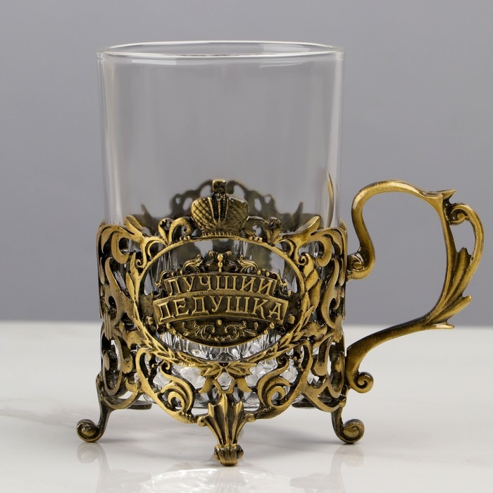 Подстаканник со стаканом  Подстаканник со стаканом "Лучший дедушка", 12,5 х 12,5 х 13 см