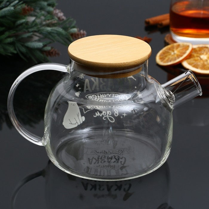 Новый год. Чайник заварочный стеклянный с бамбуковой крышкой «Сказка», 1000 мл Новый год. Чайник заварочный стеклянный с бамбуковой крышкой «Сказка», 1000 мл