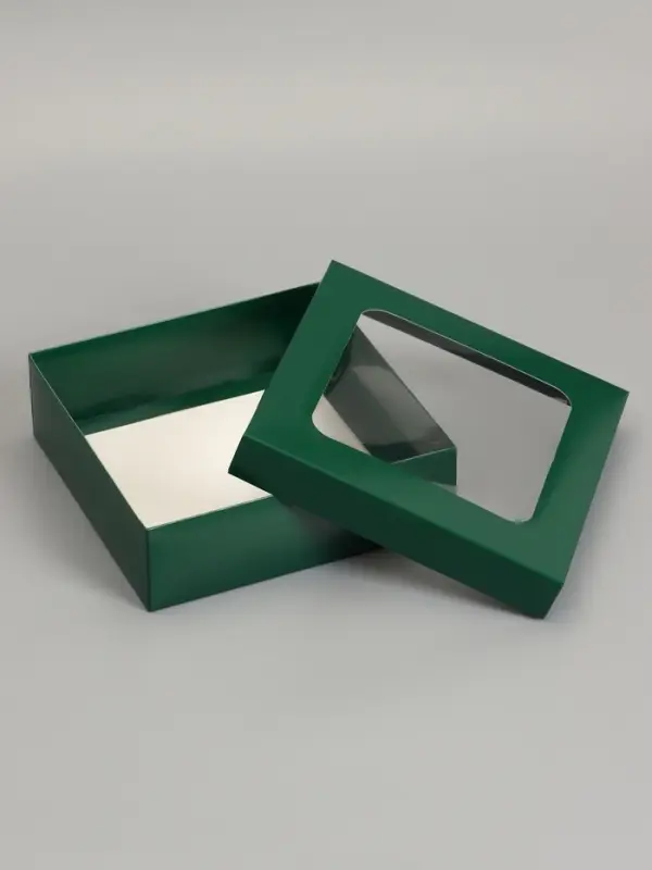 Коробка складная, крышка-дно, армейский зелёный, с окном 20&times;20&times;6 см