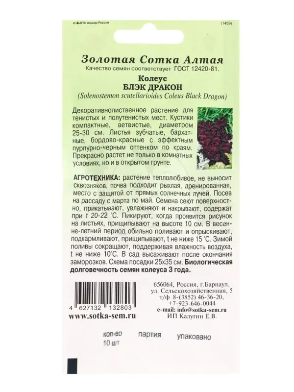 Семена Ком: Колеус Блэк Дракон /Сотка/ 10шт/ бордо. h-35см PanAm/*500 Семена Ком: Колеус Блэк Дракон /Сотка/ 10шт/ бордо. h-35см PanAm/*500