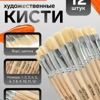 Набор кистей для рисования, щетина, 12 штук: № 1, 2, 3, 4, 5, 6, 7, 8, 9, 10, 11, 12, плоские, деревянная ручка, международный размер