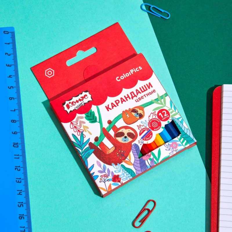 Карандаши цветные 12 цв/наб 6-гран №1School ColorPics короткие, 88 мм