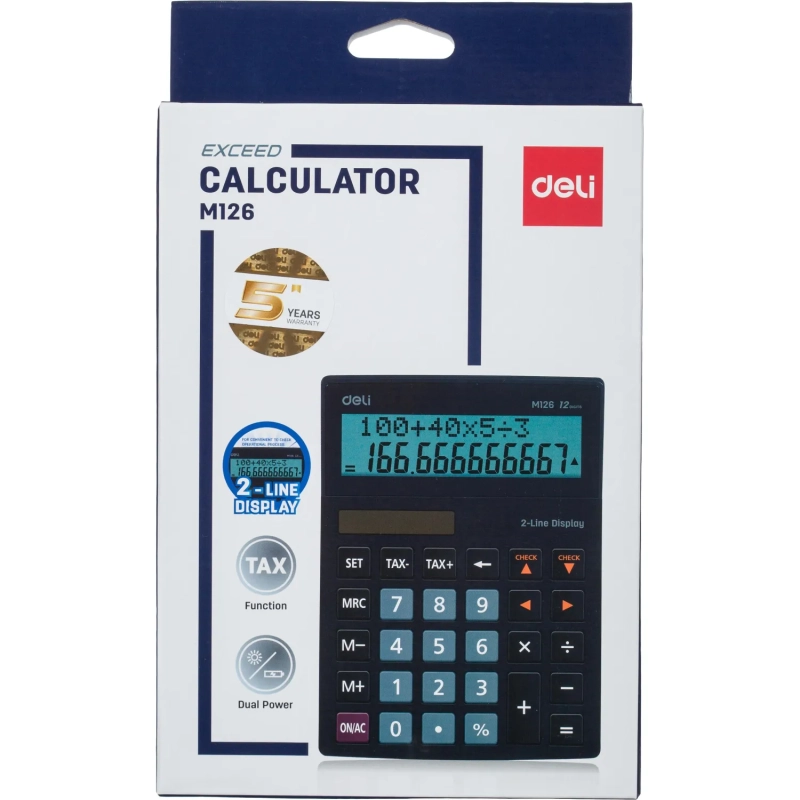 Калькулятор настольный ПОЛНОРАЗМ. Deli EM126,12-р,2стр,дв.пит,182х129мм,чер