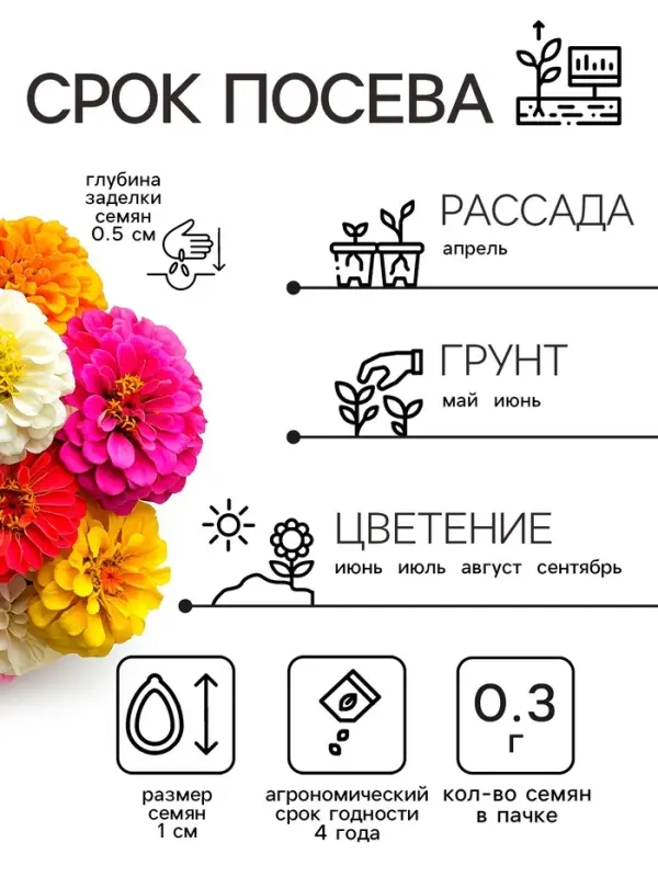 Семена цветов Цинния Семена цветов Цинния "Калифорнийские гиганты" смесь, 0,3 г