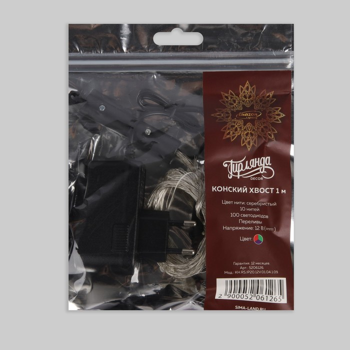 Гирлянда «Конский хвост» 10 нитей по 1 м, IP20, серебристая нить, 100 LED, свечение мульти (RGB), переливы, 12 В