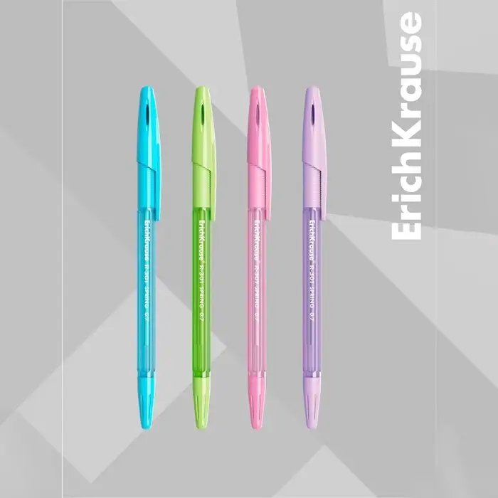 Набор ручек шариковых 4 штуки ErichKrause R-301 Spring Stick & Grip, узел 0.7 мм, чернила синие, резиновый упор, длина линии письма 1000 метров, европодвес