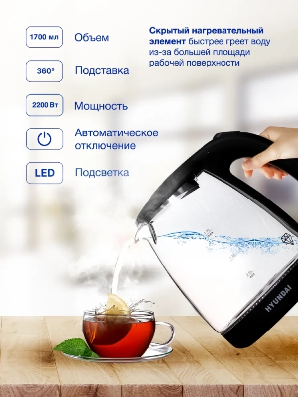 Чайник HYK-G1001 1,7л 2200Вт черный (стекло)