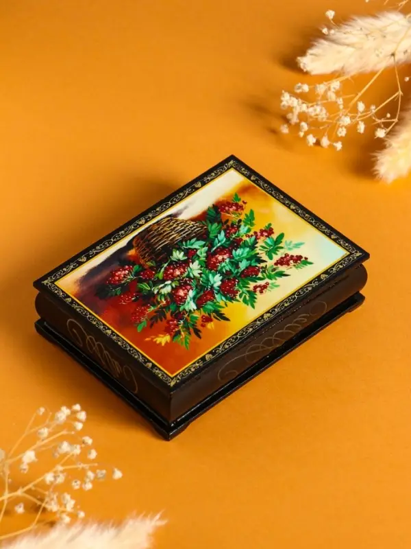 Шкатулка «Рябина в корзине», 10×14 см, лаковая миниатюра