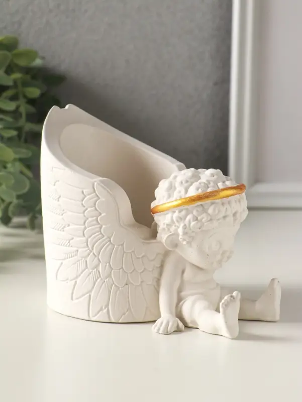 Карандашница "Ангел" 12х10 см, гипс, белый с золотом