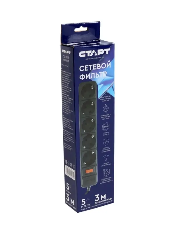 Фильтр сетевой СТАРТ, 5 розеток, 3 м, 2200 Вт, 10 А, заземление, выключатель, чёрный