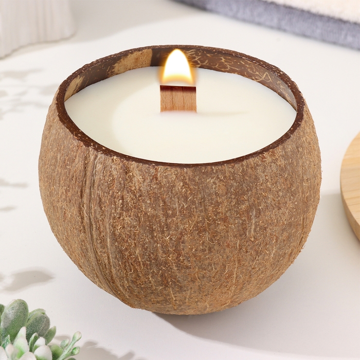 Свеча в кокосе ароматическая, английская груша и фрезия, соевый воск, 8х10 с, в коробке Свеча в кокосе ароматическая, английская груша и фрезия, соевый воск, 8х10 с, в коробке