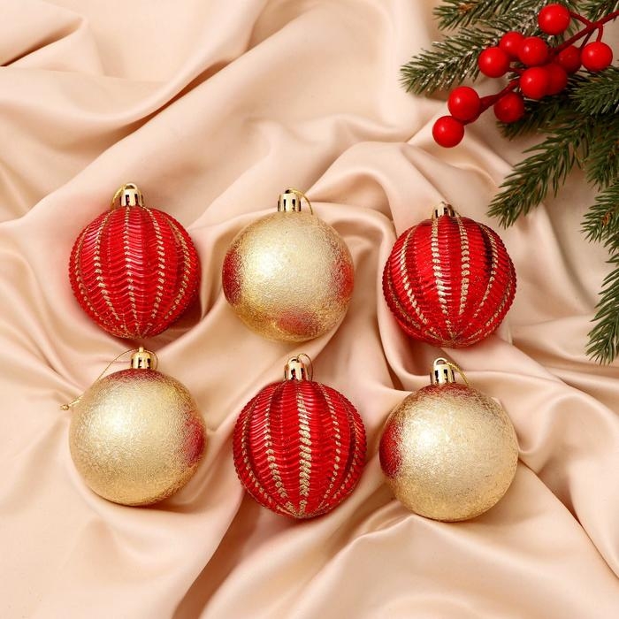 Набор шаров пластик d-6 см, 6 шт Набор шаров пластик d-6 см, 6 шт "Беата блеск" золотисто-красный