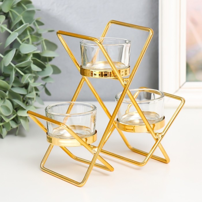 Подсвечник металл, стекло на 3 свечи Подсвечник металл, стекло на 3 свечи "Пересечения" d-4,5 см золото 14х6х16 см