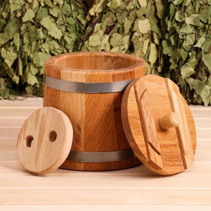 Кадка-бочка для засолки дубовая, 3 л, нержавеющий обруч, с крышкой, с гнетом Кадка-бочка для засолки дубовая, 3 л, нержавеющий обруч, с крышкой, с гнетом