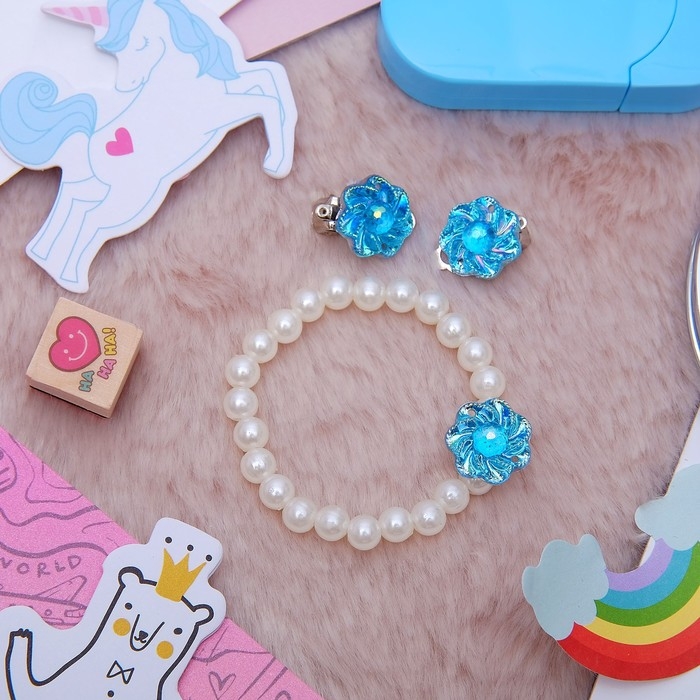 Набор детский 2 предмета: браслет, клипсы, цветок перламутровый, цвета МИКС Набор детский 2 предмета: браслет, клипсы, цветок перламутровый, цвета МИКС
