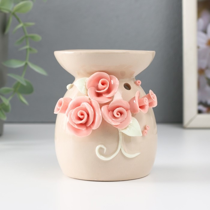 Аромалампа керамика  Аромалампа керамика "Розовые розы с листиками" бежевая 7,5х7,5х9 см