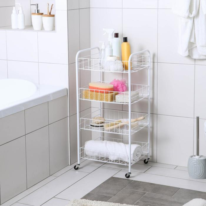 Этажерка напольная 4-х секционная Доляна, на колёсах, 31×34×77 см, цвет белый Этажерка напольная 4-х секционная Доляна, на колёсах, 31×34×77 см, цвет белый